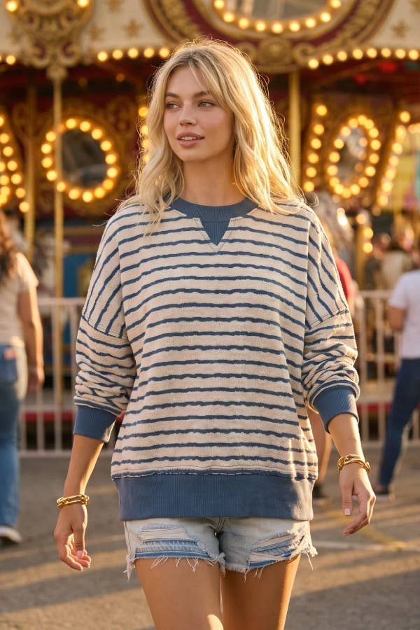 Relaxed Fit Textured Striped Pullover Top: Brown