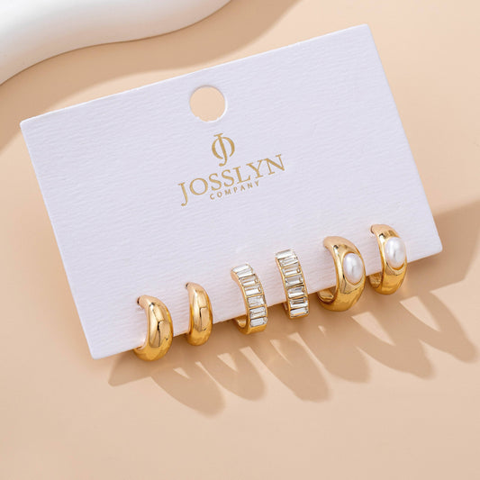 Pearl & Baguette Huggie Hoop Trio Earring Set | 80E61741: GOLD