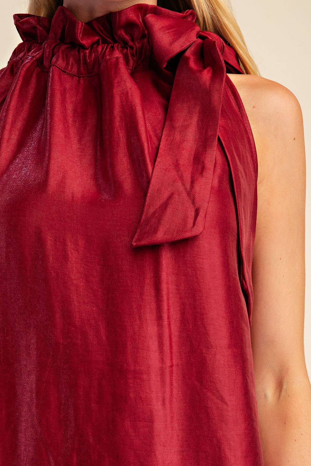 Ruffle Tie Neck Sleeveless Side Pocket Mini Dress: Champagne