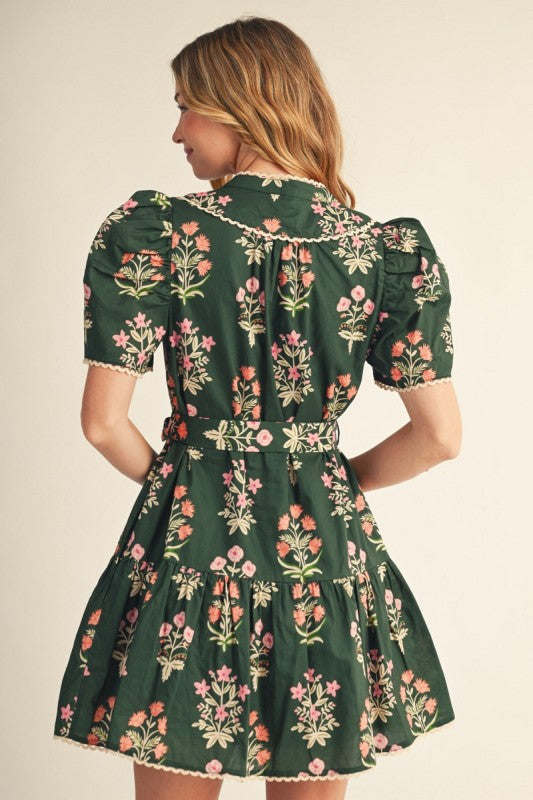 Olive Puff Shoulder Floral Dress
