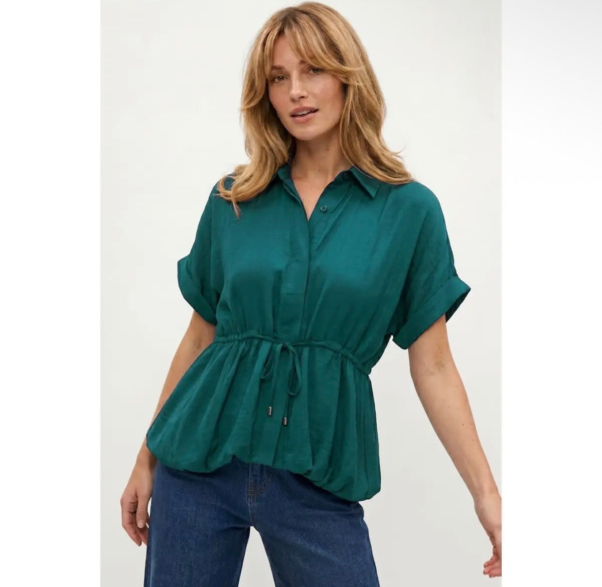 Teal Drawstring Waist Blouse