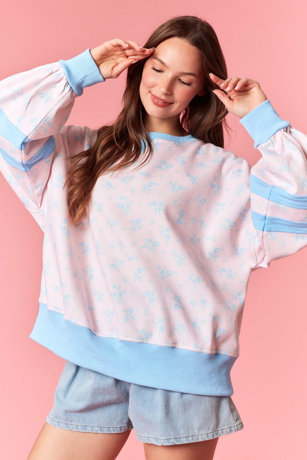 Pink Floral w/ Blue Detail Sweatshirt
