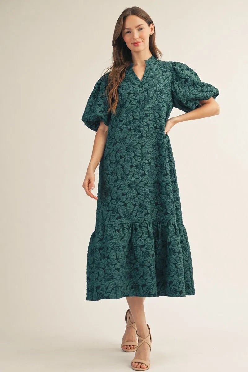 Hunter green jacquard midi dress