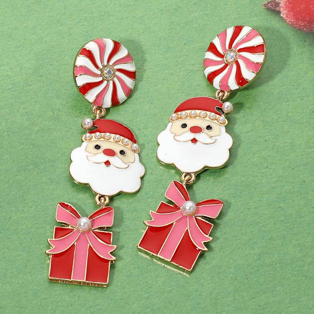 Enamel Christmas Candy Cane Santa Gift Charm Link Drop Earrings