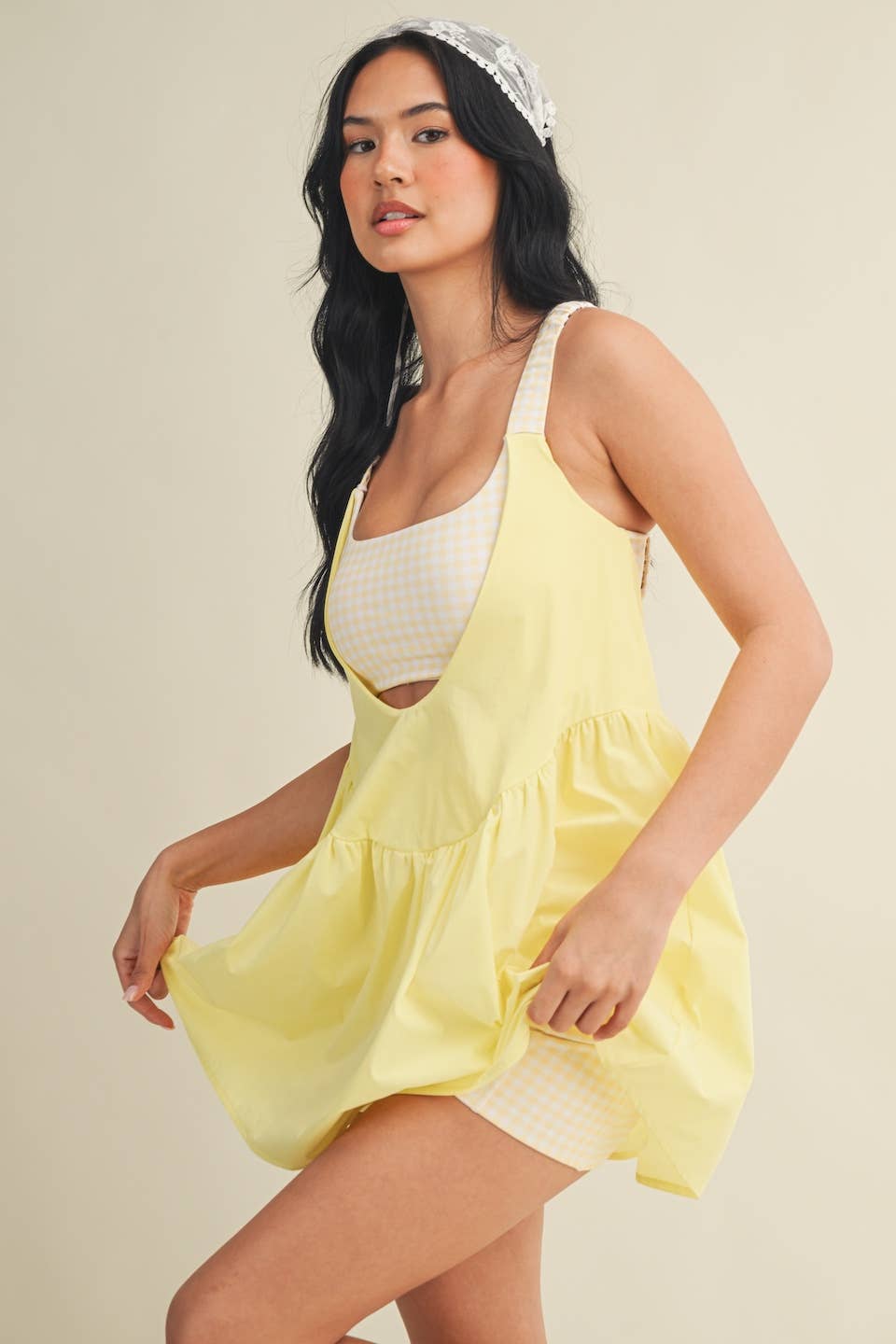 Gingham Print Double Layered Play Dress: Lemon