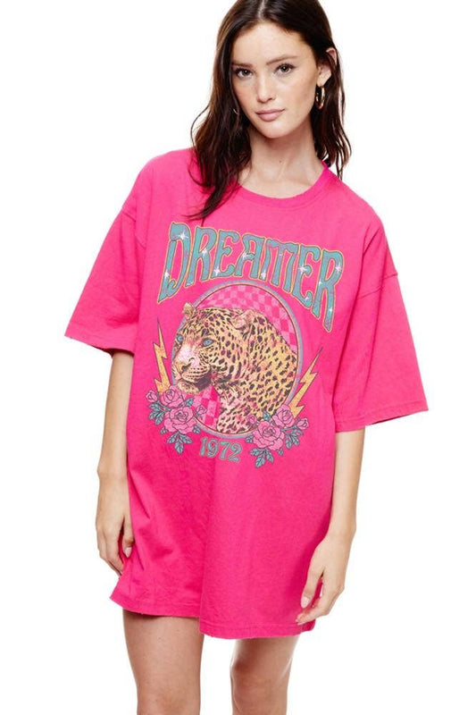 Dreamer 1972 Leopard Vitage Graphic Oversized Tee: FUCHSIA