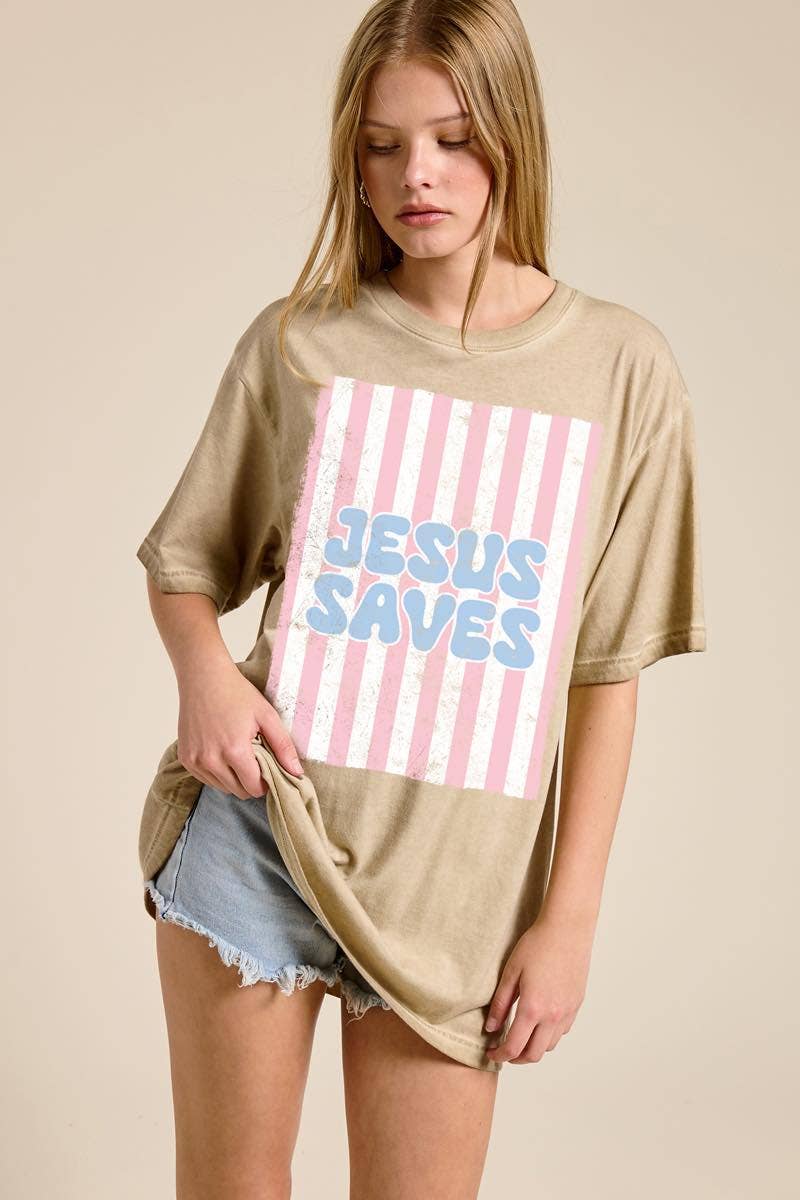 Jesus Saves Graphic S/S Lunar Dye Tee: BLUE