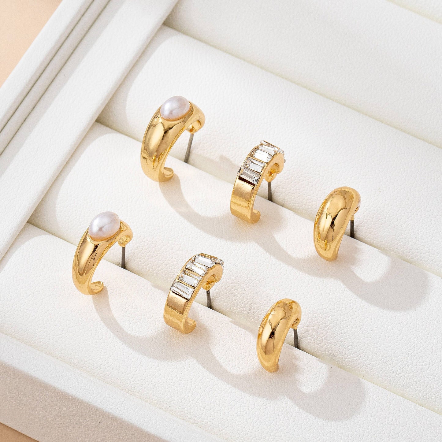 Pearl & Baguette Huggie Hoop Trio Earring Set | 80E61741: GOLD