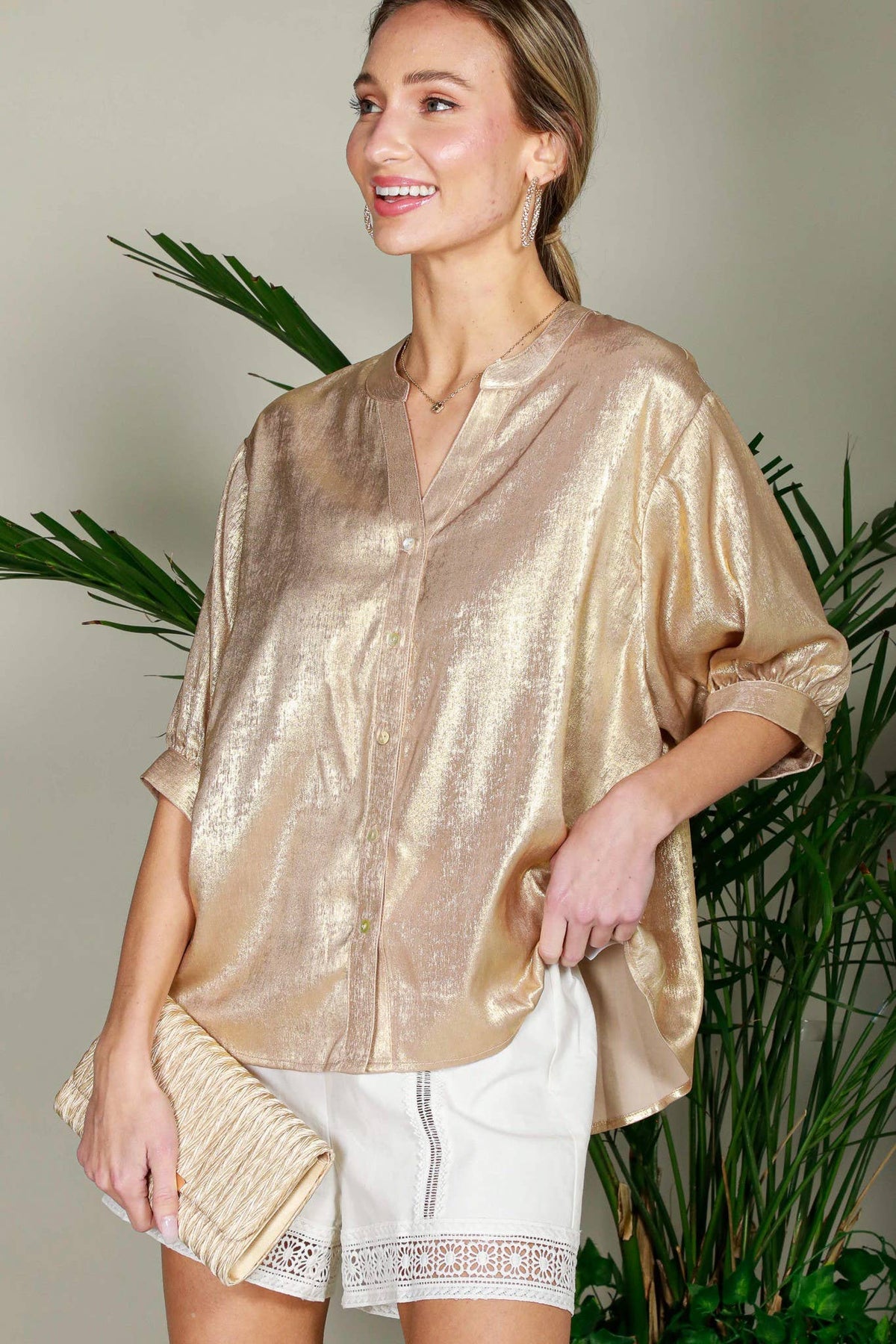 Henley Neckline Metallic Woven Top Gold