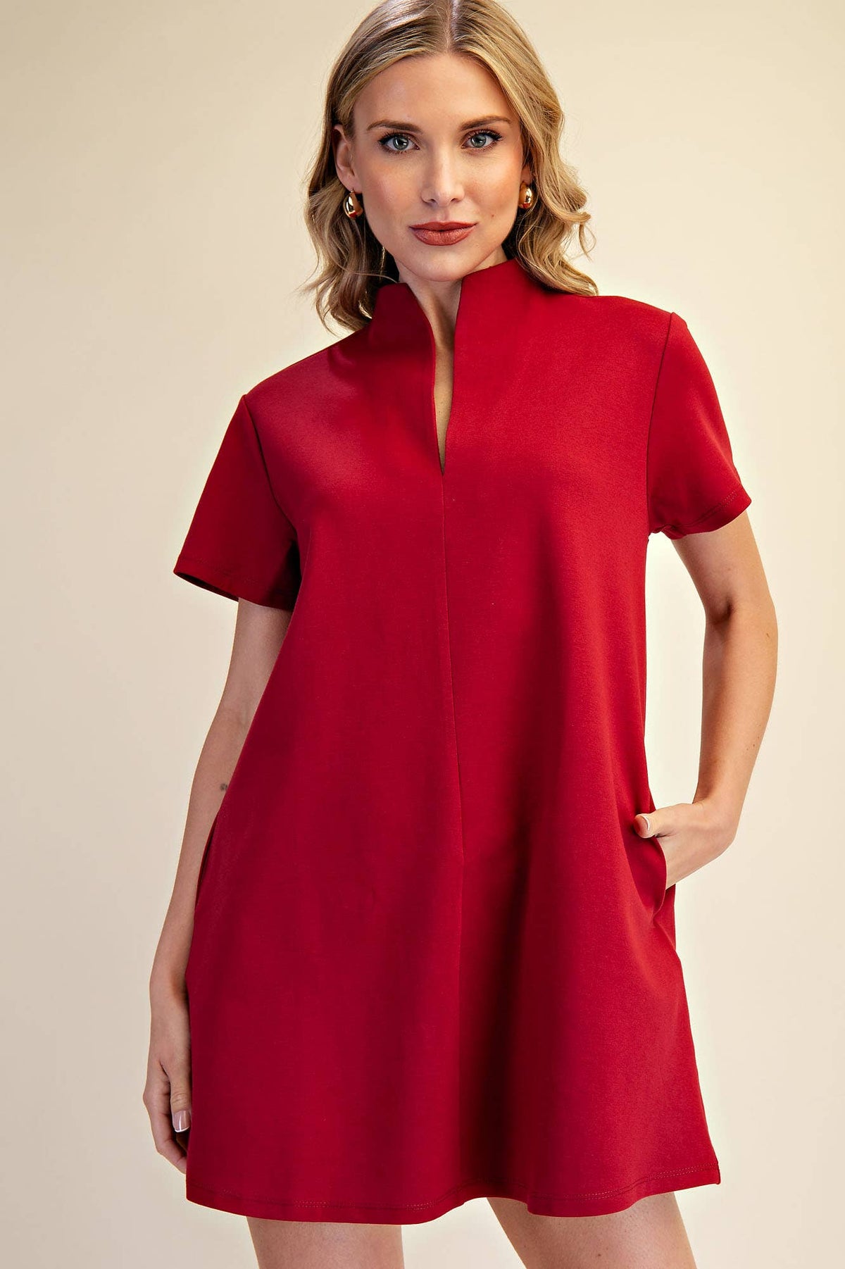 Stand Collar V-Neck Slit Dress: Hunter Green