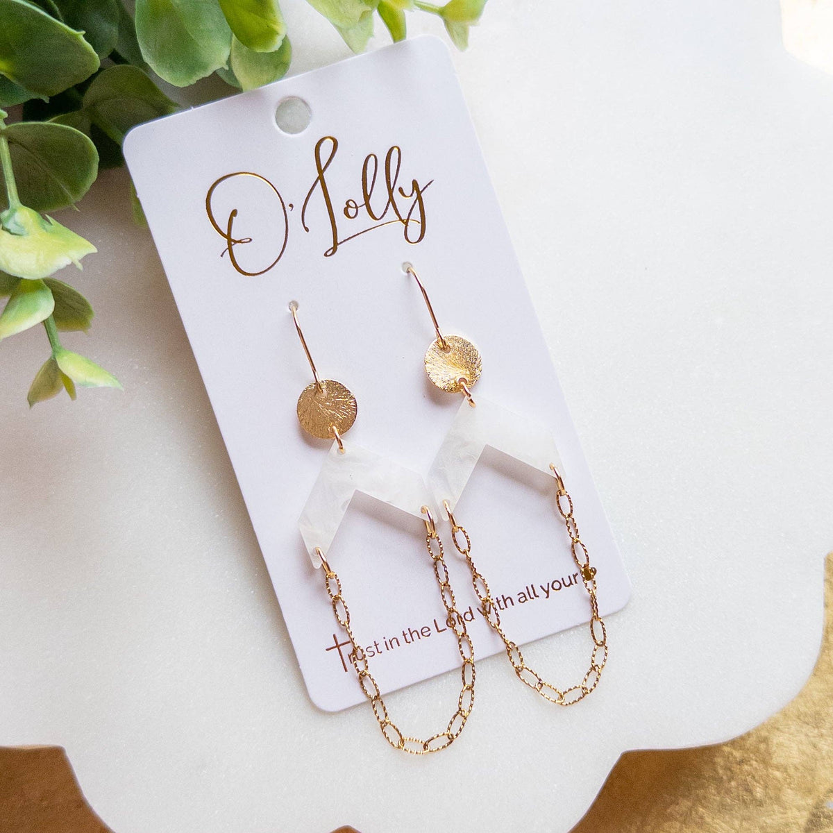 White Geometric Acrylic & Gold Chain Drop Earrings “Celeste”