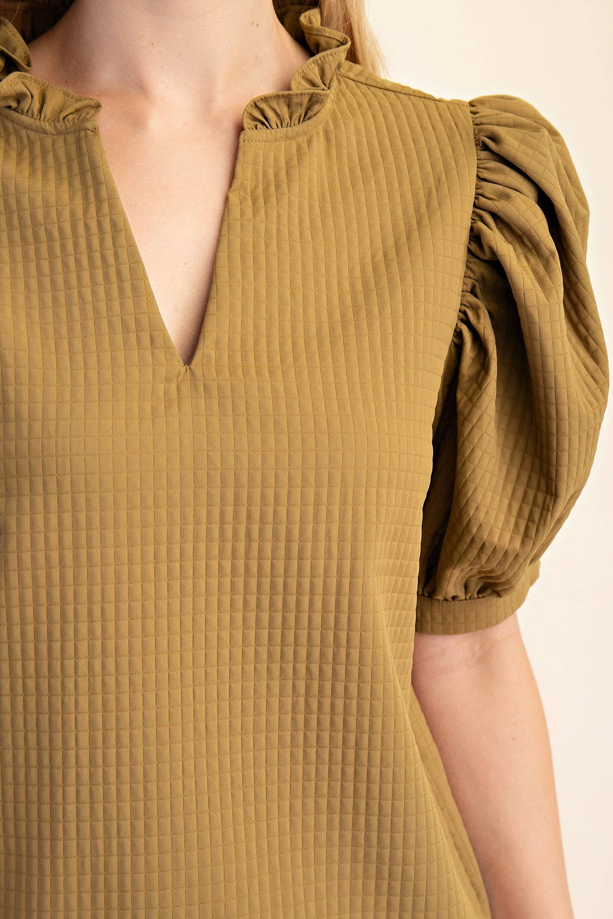 Puff Sleeve Ruffle V-Neck Textured Top: Beige