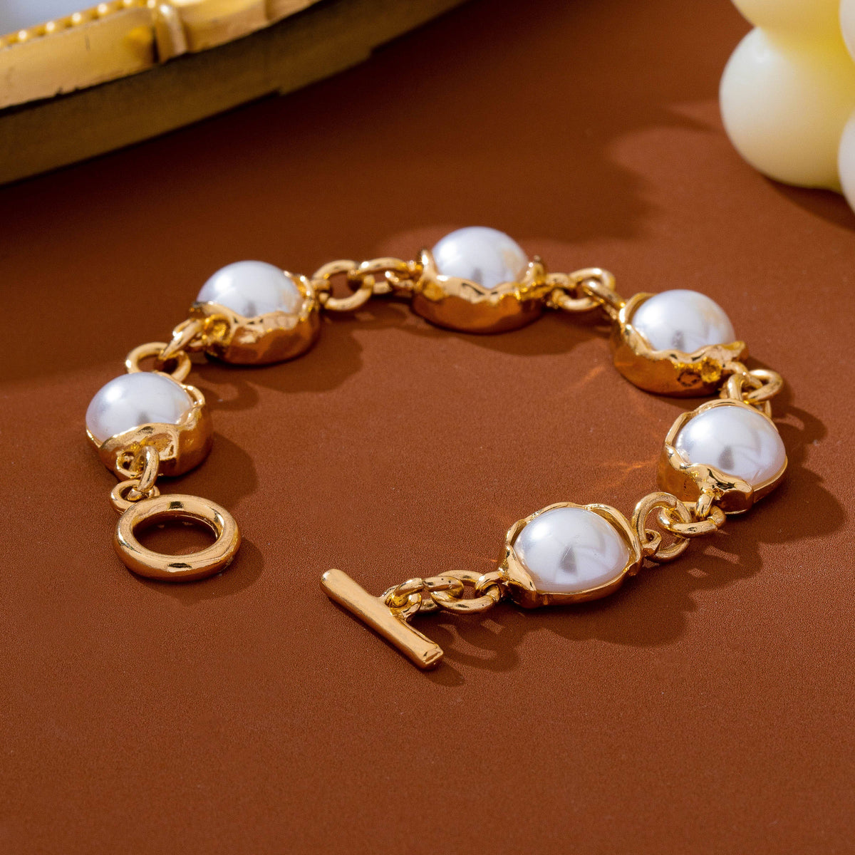Bezel-Set Pearl Gold Toggle Bracelet