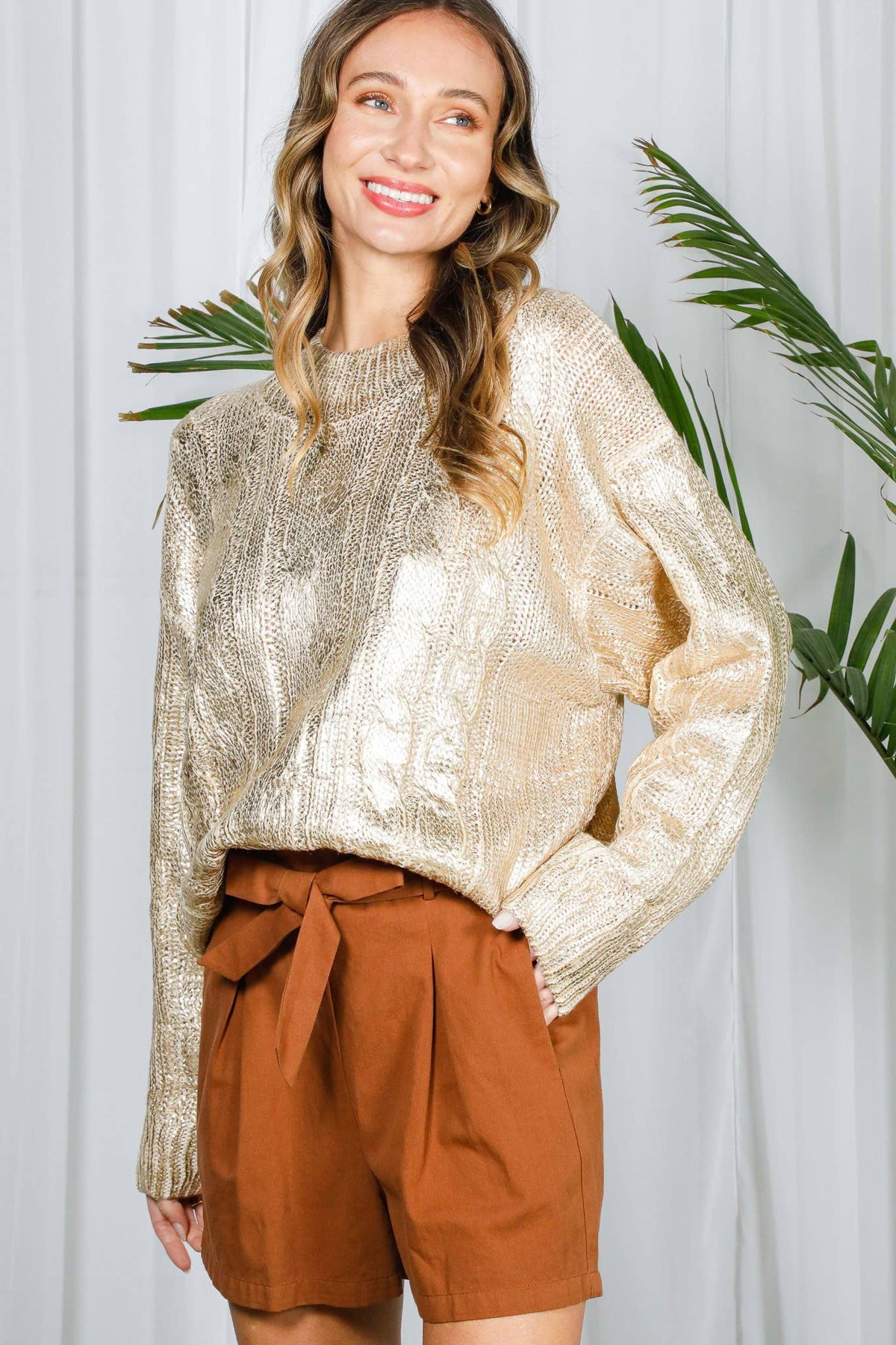 Metallic Foil Crew Neck Knitted Sweater Gold