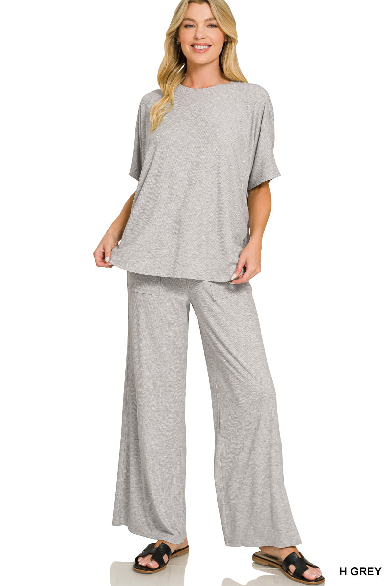 Grey Ribbed Pants Set