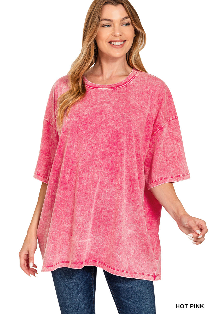 Acid Wash Oversized Tee-Hot Pink