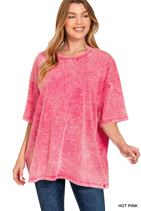 Acid Wash Oversized Tee-Hot Pink