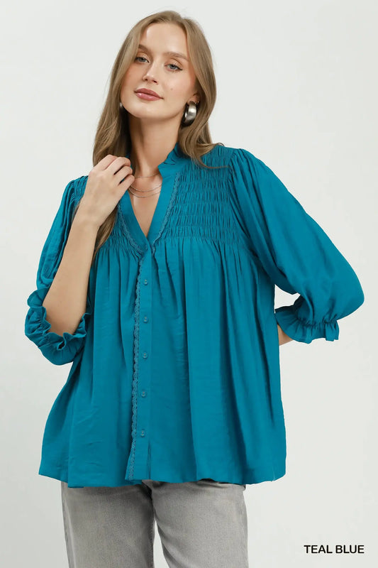 Teal Smocked Button Blouse