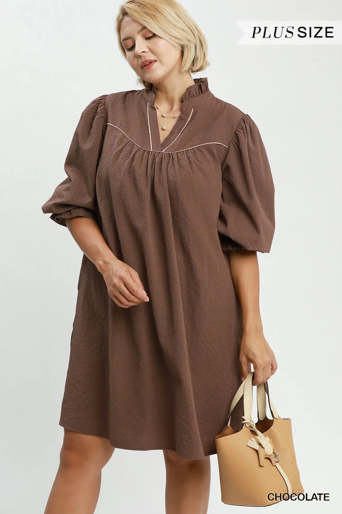 Chocolate Textured Puff Sleeve Dress