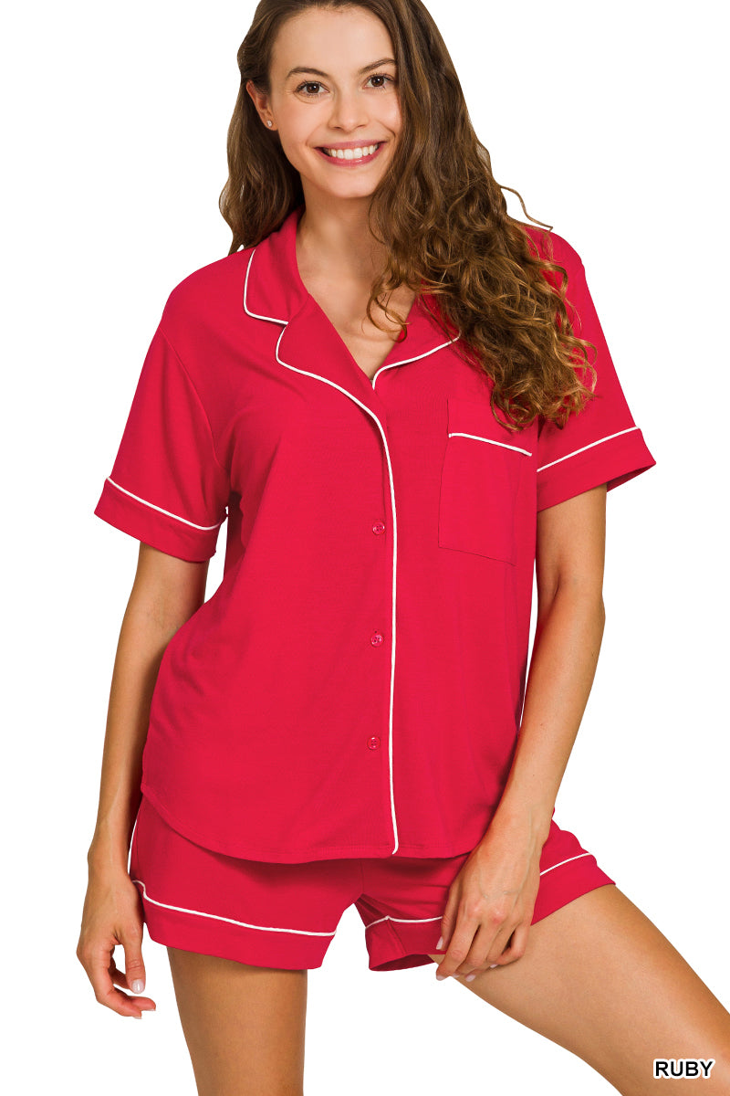 Short Sleeve Button Down Lounge Set - Red