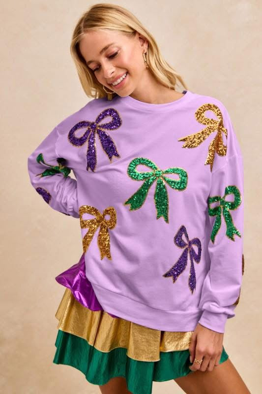 Lavender Mardi Gras Bow Sequin Pullover