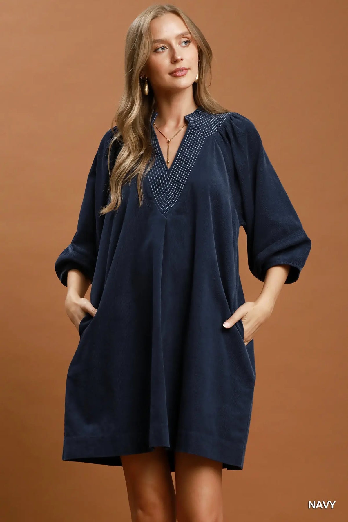 Navy Corduroy Shift Dress