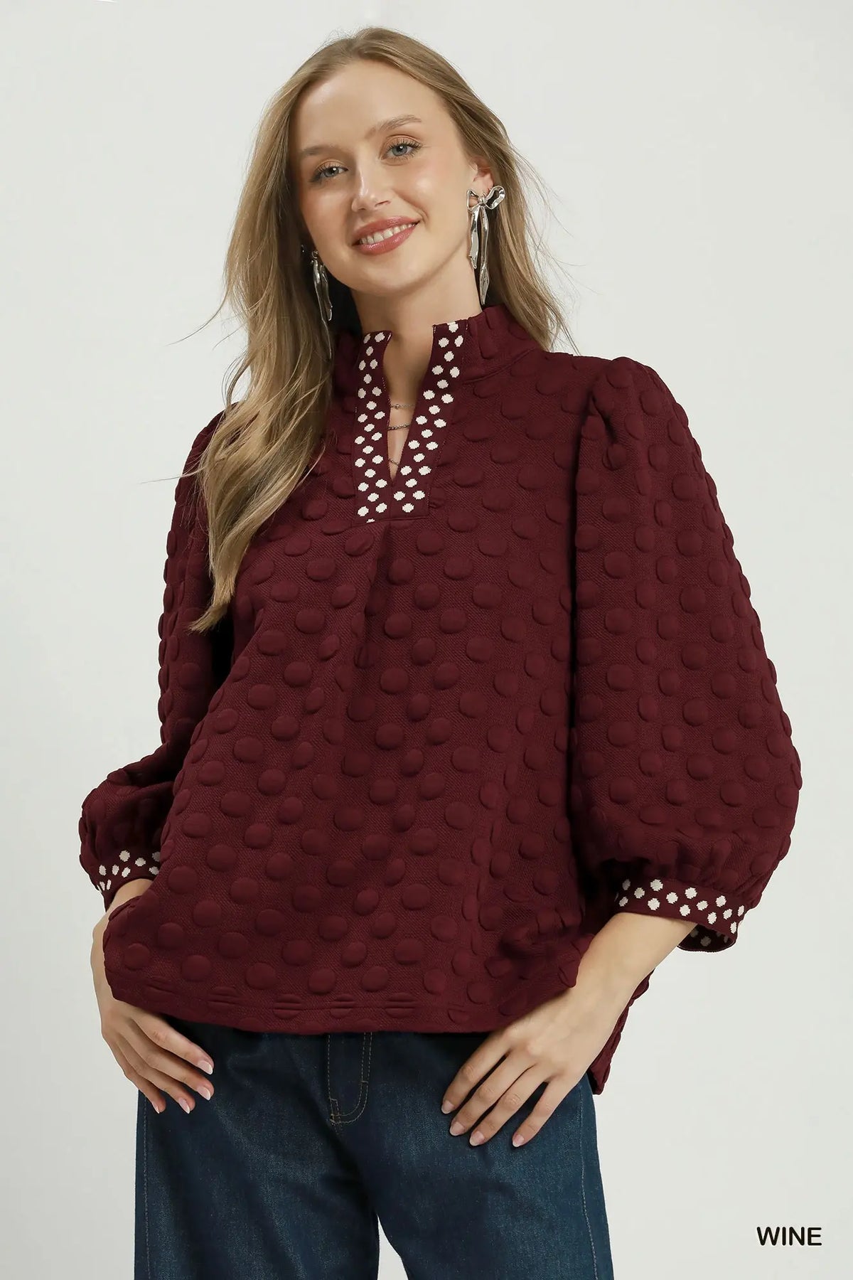 Wine Jacquard Polka Dot Top