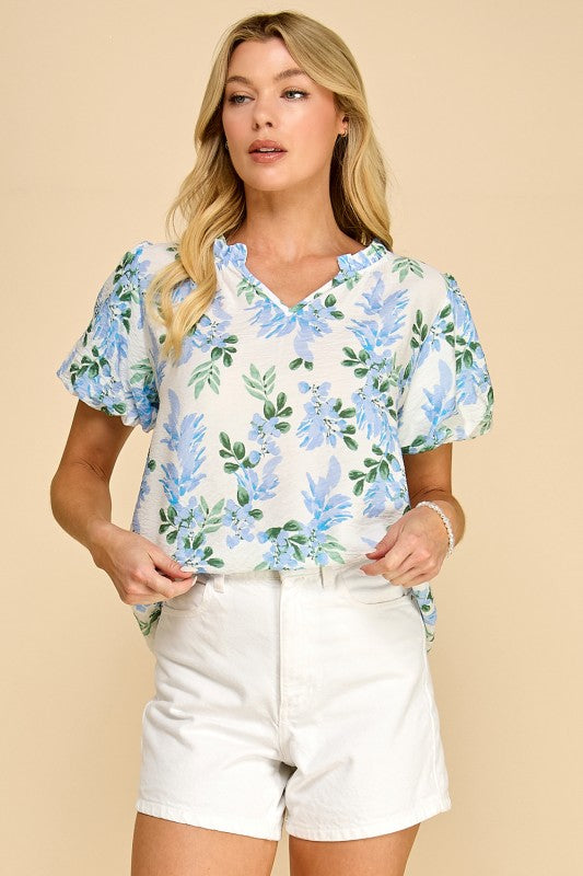 Blue Floral Puff Sleeve