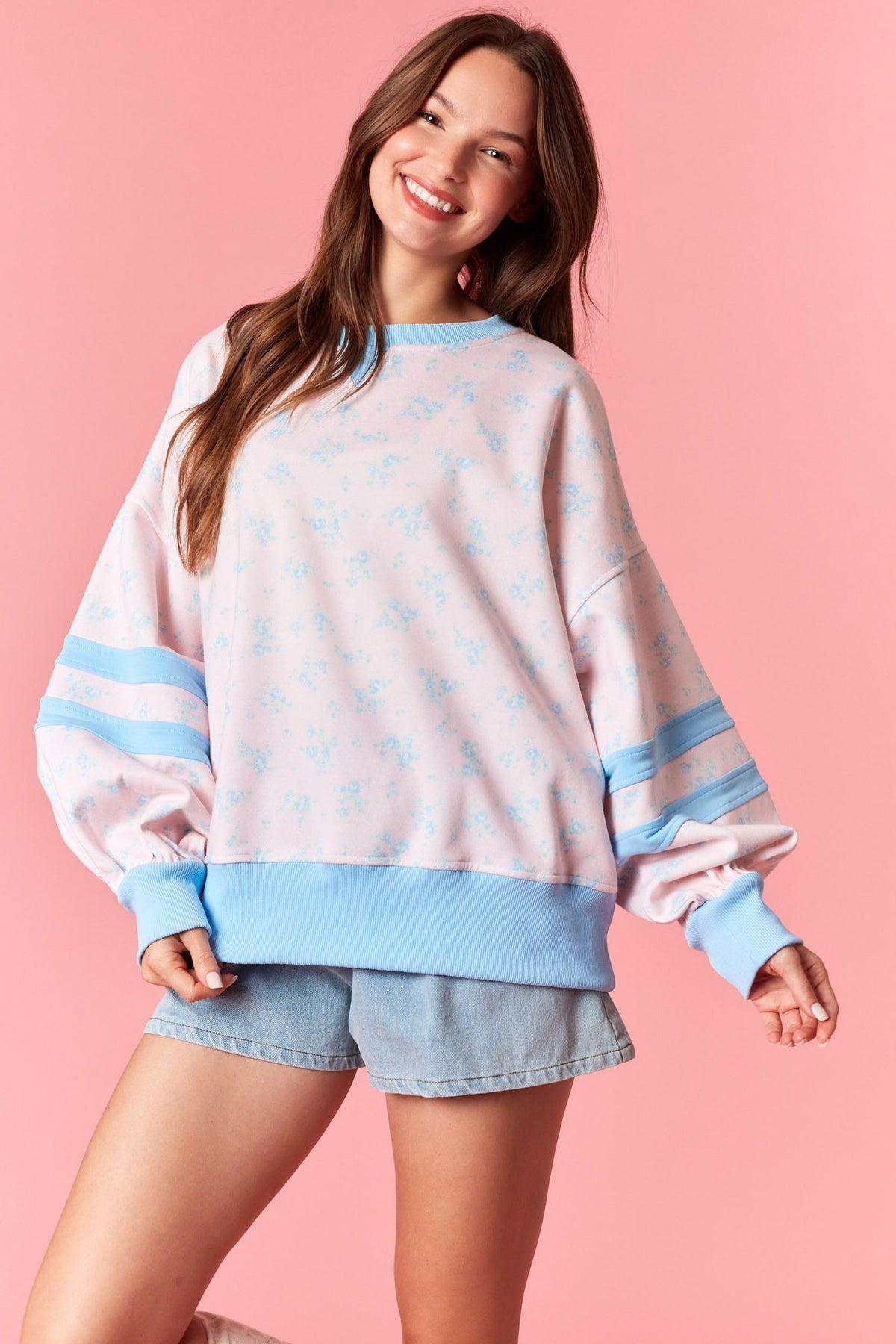 Pink Floral w/ Blue Detail Sweatshirt