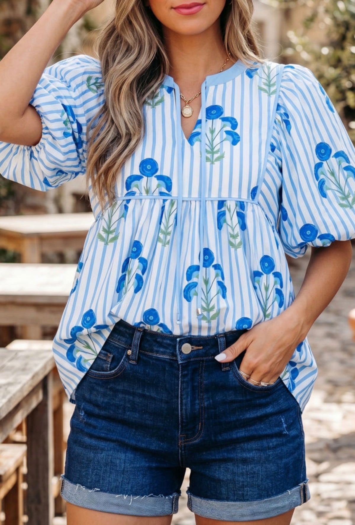 Blue Floral Striped Top