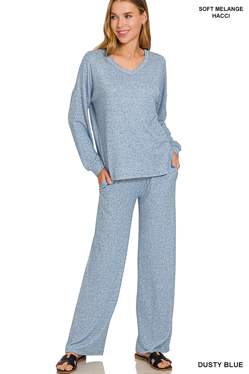 Soft v-neck LS set dusty blue
