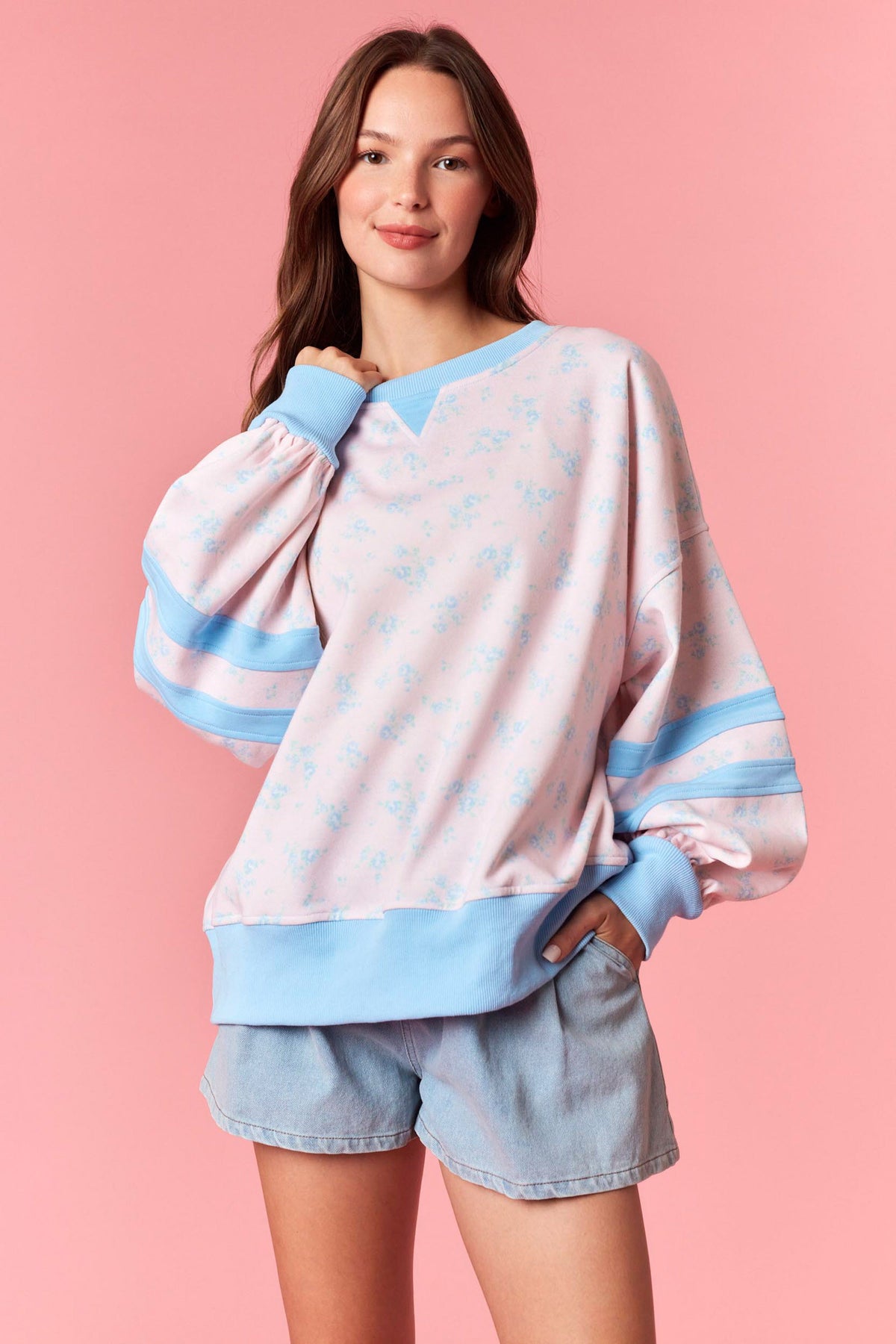Pink Floral w/ Blue Detail Sweatshirt