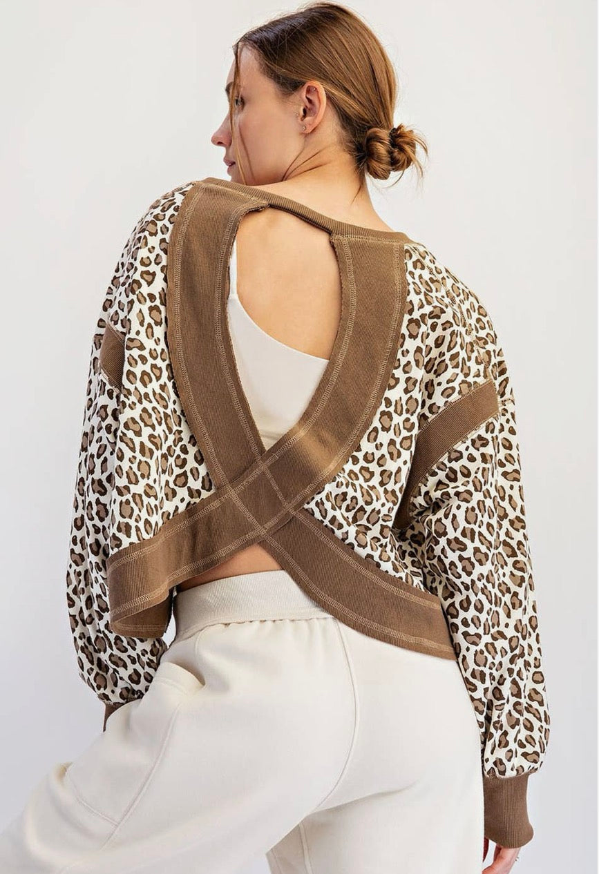 Animal Print Open Back Long Sleeve Top