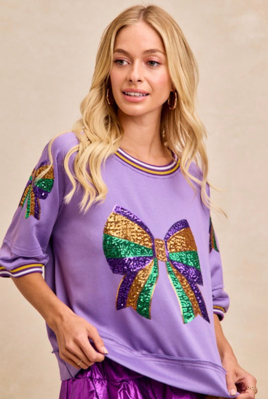 Lavender Sequin Mardi Gras Bow Top