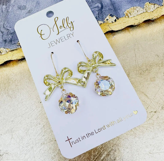 O'Lolly "Bella" Earrings- Gold Bow W/
Clear Crystal Stone