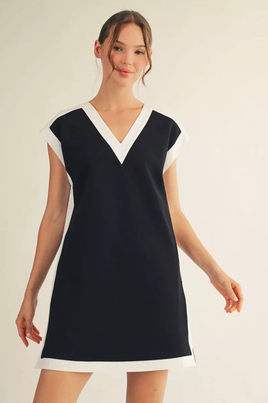 Contrast Trim Sleeve Dress-Black