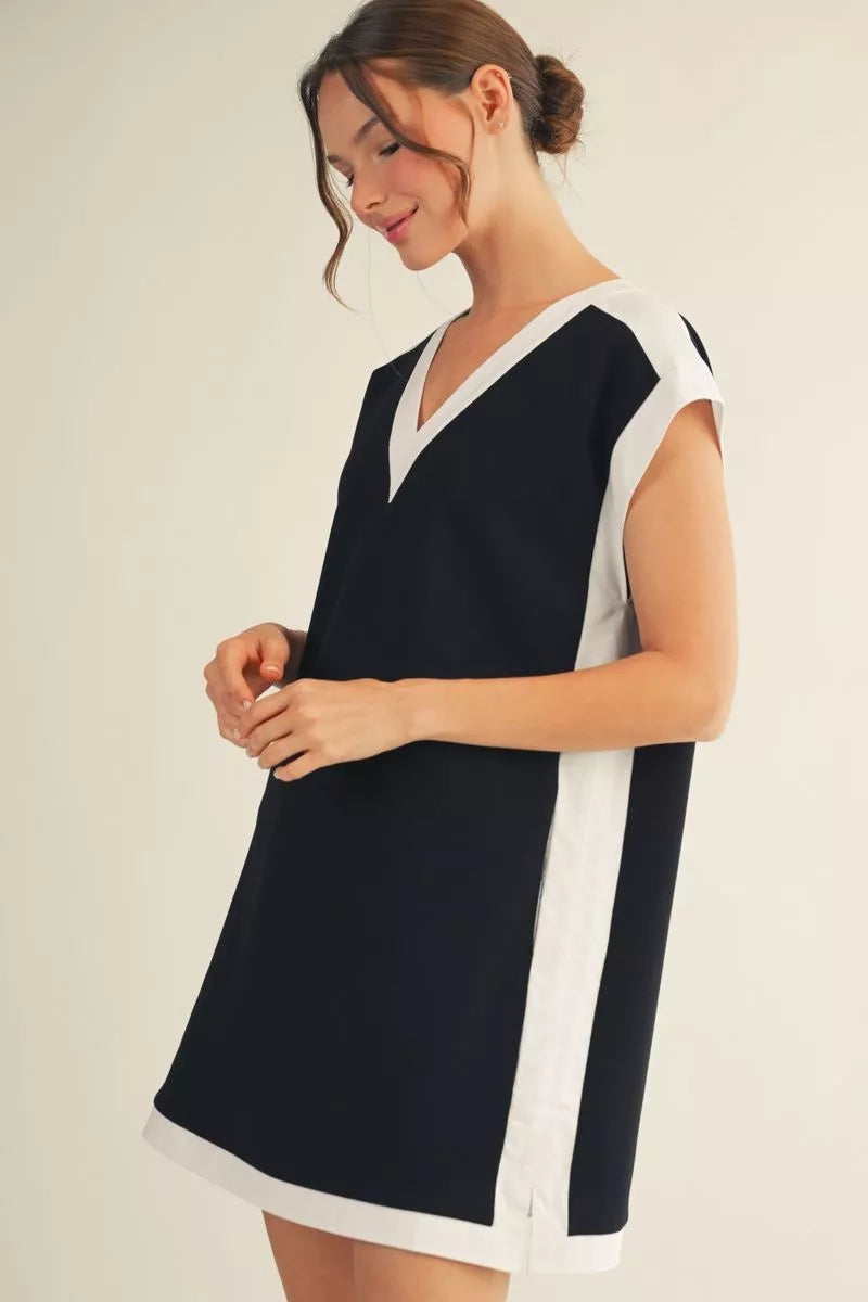 Contrast Trim Sleeve Dress-Black