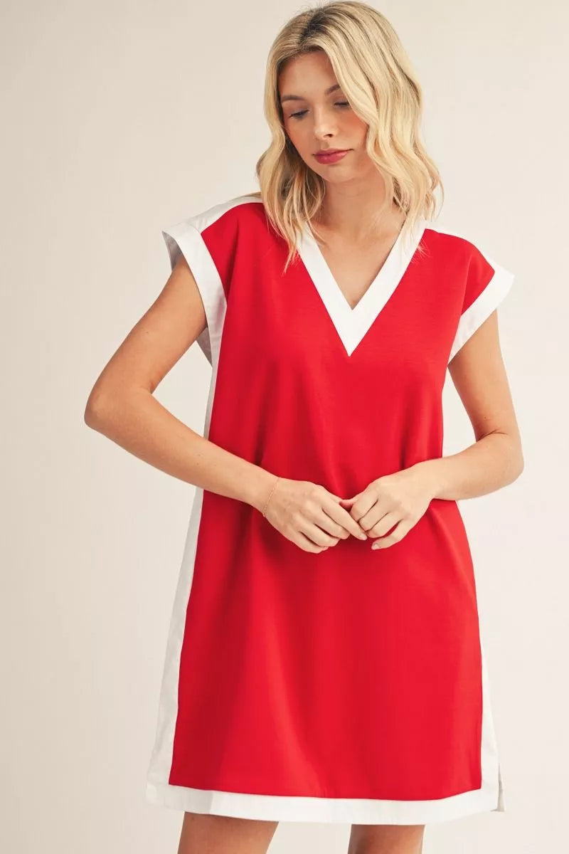 Contrast Trim Sleeve Dress-Red