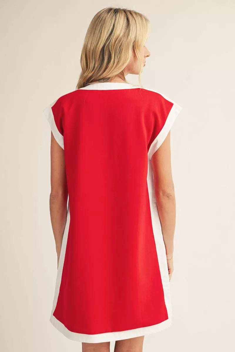 Contrast Trim Sleeve Dress-Red