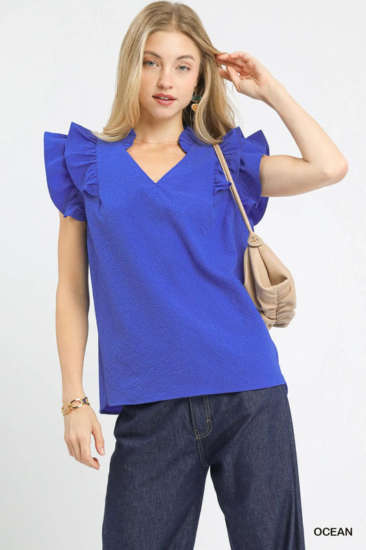 Ocean Blue Ruffle Sleeve Top