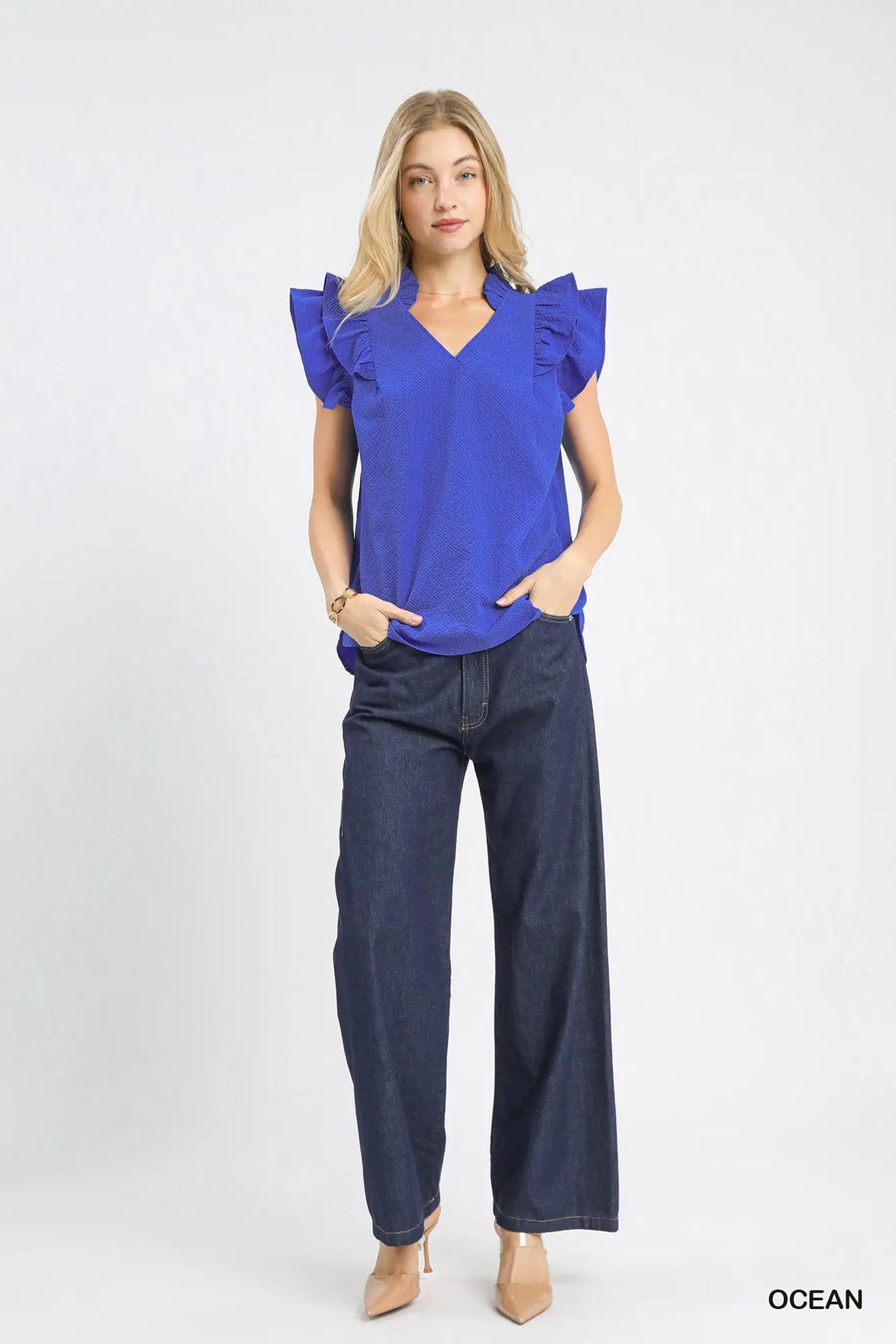 Ocean Blue Ruffle Sleeve Top