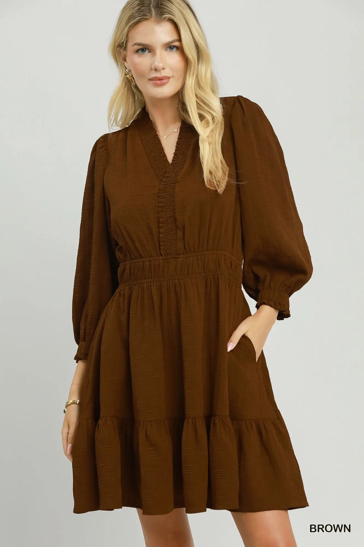 Brown Textured Tiered Dress