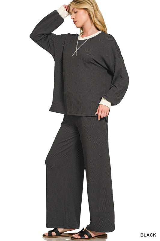 Ribbed Round Neck Pullover Set-Black