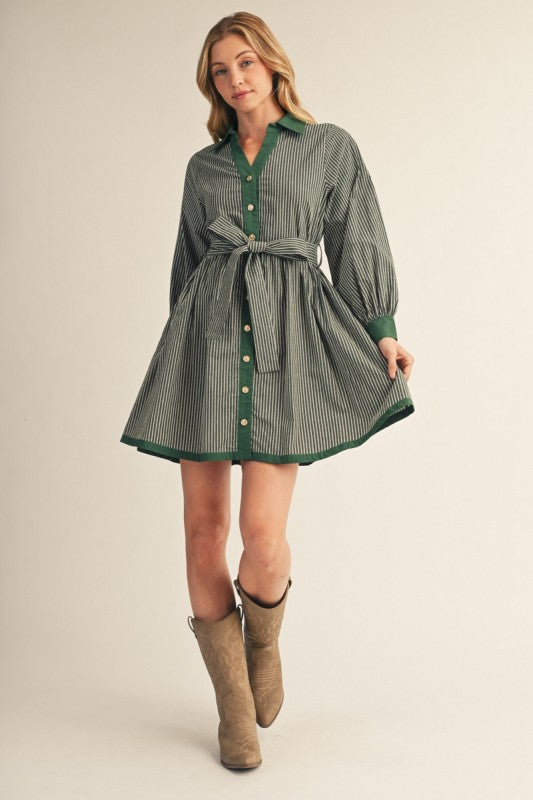 Green Button Textured Stripe Dress