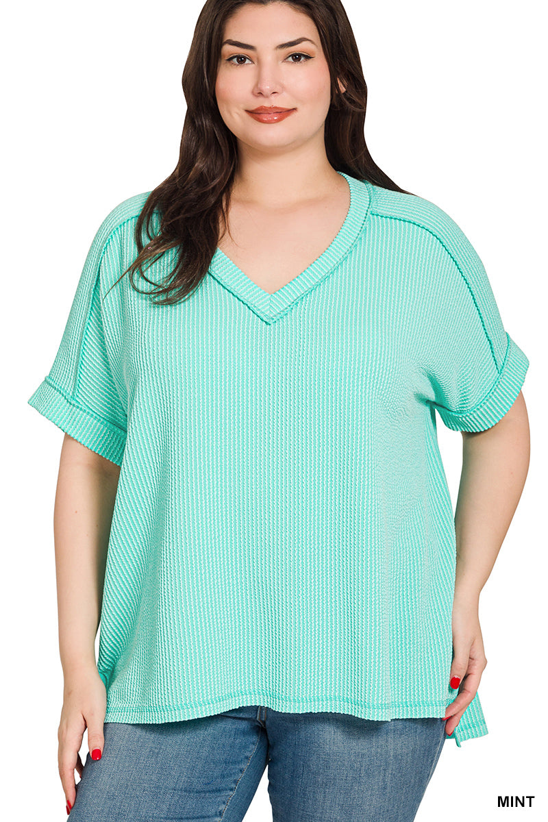 Ribbed V-Neck Tee-Mint