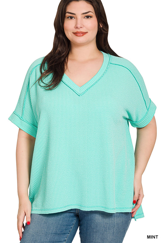 Ribbed V-Neck Tee-Mint