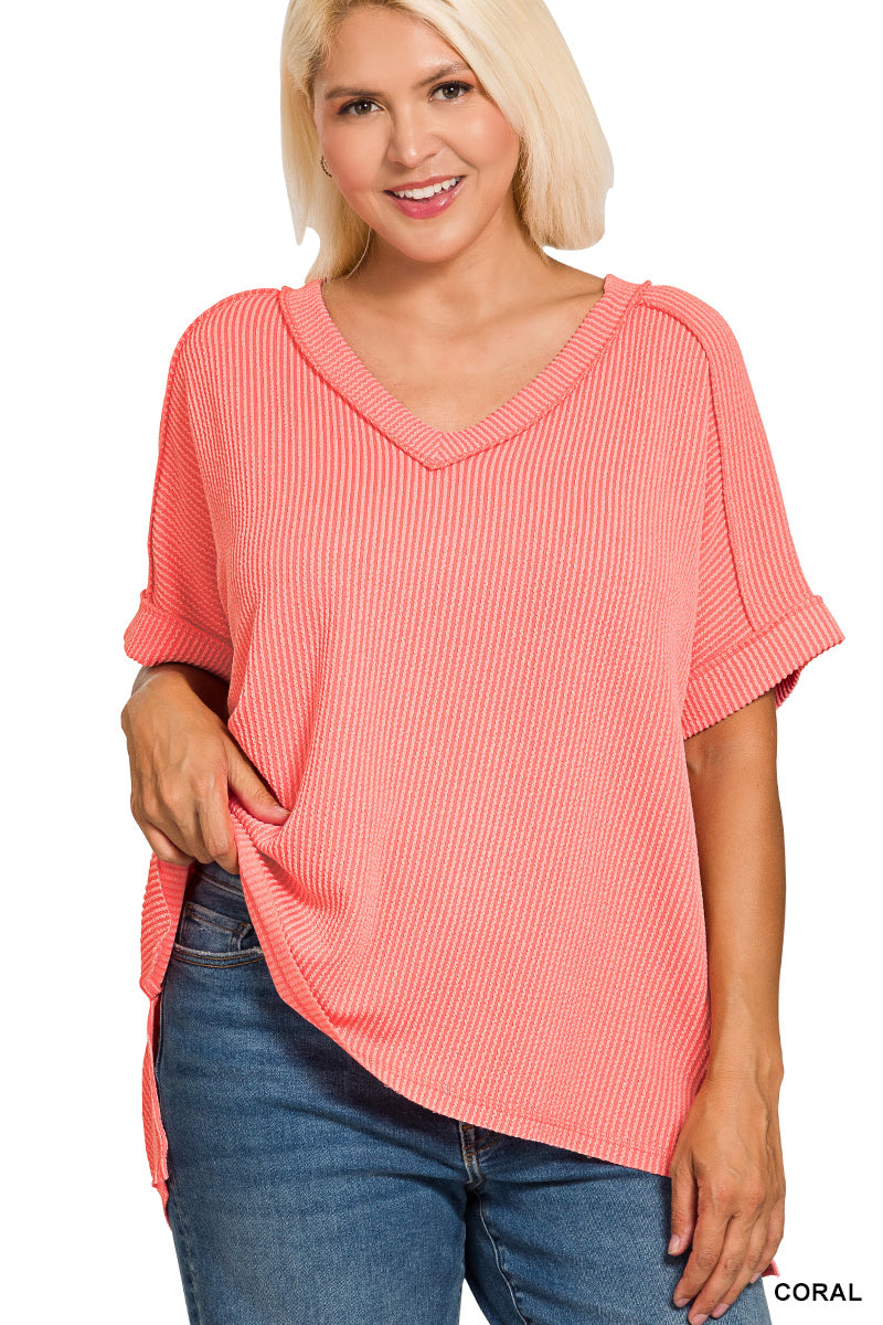 Ribbed V-Neck Tee-Coral