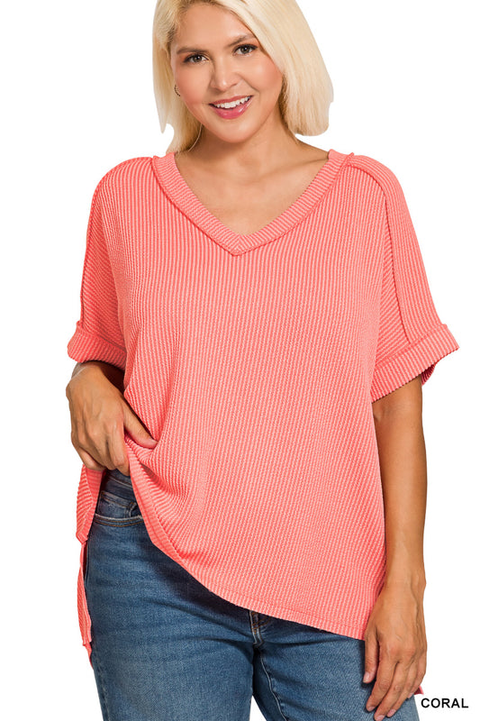 Ribbed V-Neck Tee-Coral