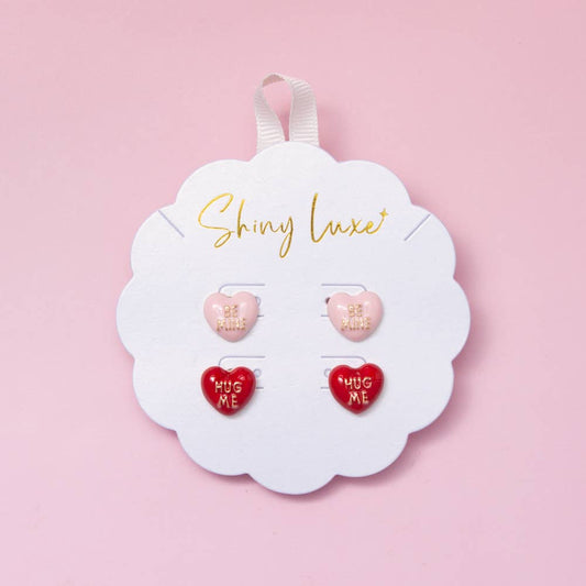 Colorful Enamel Love and XOXO Heart Stud Earring Set: Pink Red