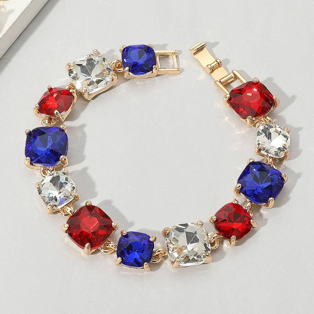 Cushion Square Stone Link Evening Bracelet: Red